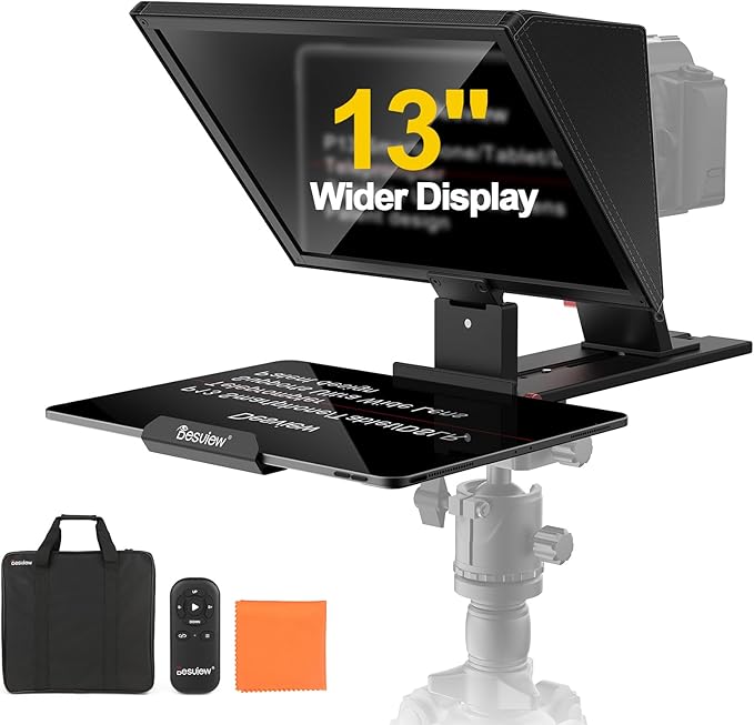 Desview P13 Portable Teleprompter for Camera Compatible with 12.9" Tablets Wireless Remote Control Foldable Sun Hood Lightweight (1.7kg) for Video Recording Vlogging Live Streaming