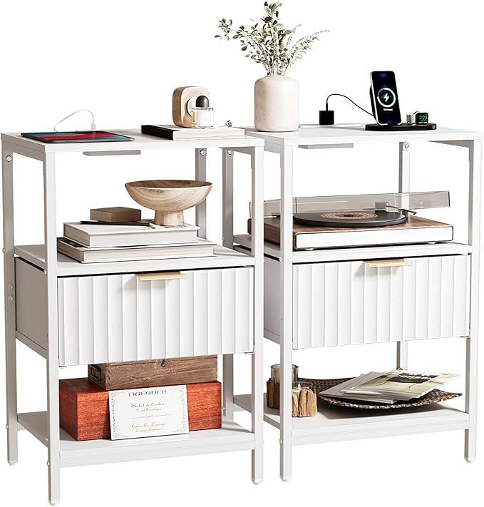 Bonnlo Fluted Nightstand Set of 2, End Table with Fabric Drawer with Charging Station, Night Stand with Storage Shelf & Handle, Fluted Side Table for Bedroom/Living Room,White