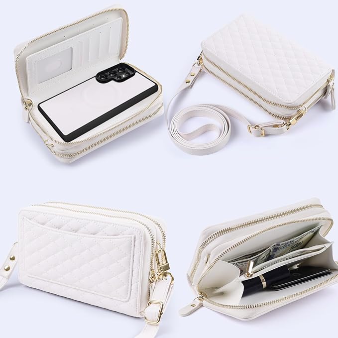 Harryshell Compatible with Samsung Galaxy S26 Ultra Case Wallet Multi Zipper Detachable Removable Cover Purse with Card Slots Holder Mirror Crossbody Strap (Compatible with Magsafe - White)