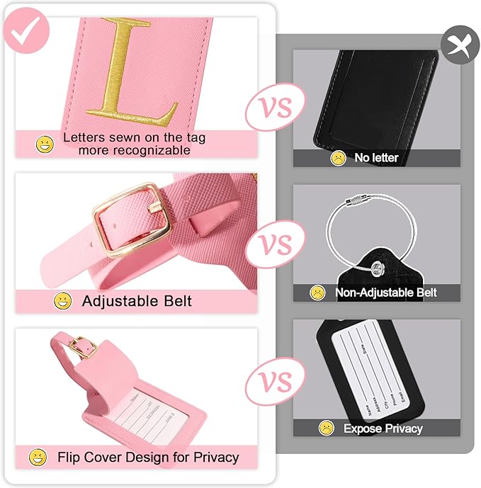 Personalized Initial Luggage Tags for Suitcases, Cute PU Leather Embroidered Letter Travel Luggage Tags, Suitcase Identifier Name Baggage Tag, Bag Tags for Men Women Kids Luggage Handbags(Pink L)