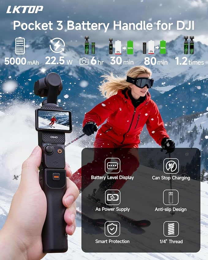 LKTOP Pocket 3 Battery Handle+Carrying Bag for DJI Osmo Pocket 3, Xtra Muse Accessories, 5000mAh 22.5W Fast Charger Power Stick, Handbag, 6hr Battery Life (Charging Time: 35min Camera, 80min Self)