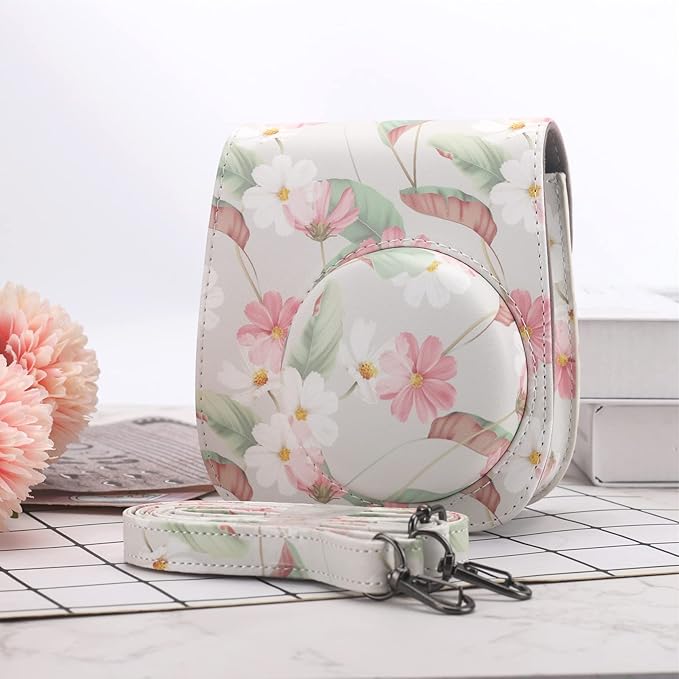 Frankmate Protective Case Compatible with Fujifilm Instax Mini 12 11 9 8 Instant Film Camera with Pocket and Adjustable Strap (Retro Daisy)