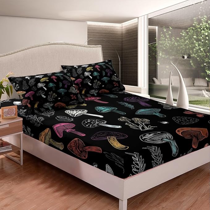 Erosebridal Mushroom Bed Sheets Set Kids Sheet Set Twin Size, Colorful Mushroom Decor Sheets Boho Exotic Mushroom Fitted Sheet for Boys Girls Women Bohemian Plants Mushroom Flat Sheet 3 Pcs