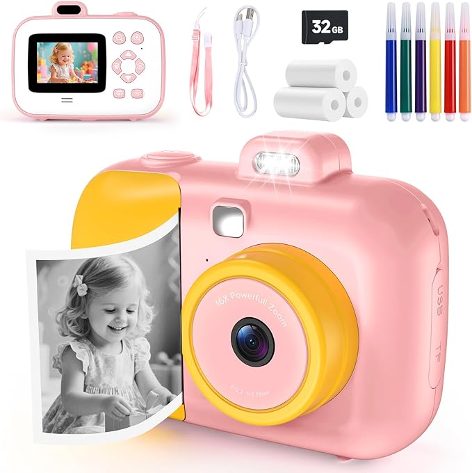 Kids Camera Instant Camera for Kids with Print Paper, Instant Print Cameras with 32GB SD Card, Girls Toys for Ages 5-7, Birthday for Girls Age 8-10