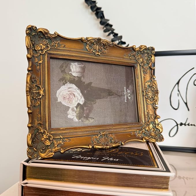 CISOO 4x6 Vintage Picture Frame, Antique Ornate Bronze Gold Photo Frame, for Table Top and Wall Display, Decorative Floral Design Retro Home Decor, Photo Gallery Art
