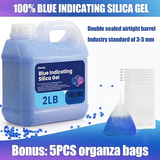 2LBS Desiccant Beads, Premium Blue Indicating Reusable Silica Gel Beads Bulk, Industry Standard 3-5 mm Desiccant Dehumidifier for 3D Filament, Electronic Devices, Camera, Documents, Safe (5PCS Bags)