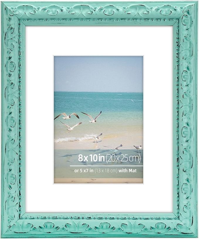 8x10 inch Distressed Wood Embossed Scroll Motif Vintage Antique Rustic Picture Frame, White Mat for 5x7 in Photo, Art Print Drawing, Wall Hanging or Desktop Display-Turquoise Blue