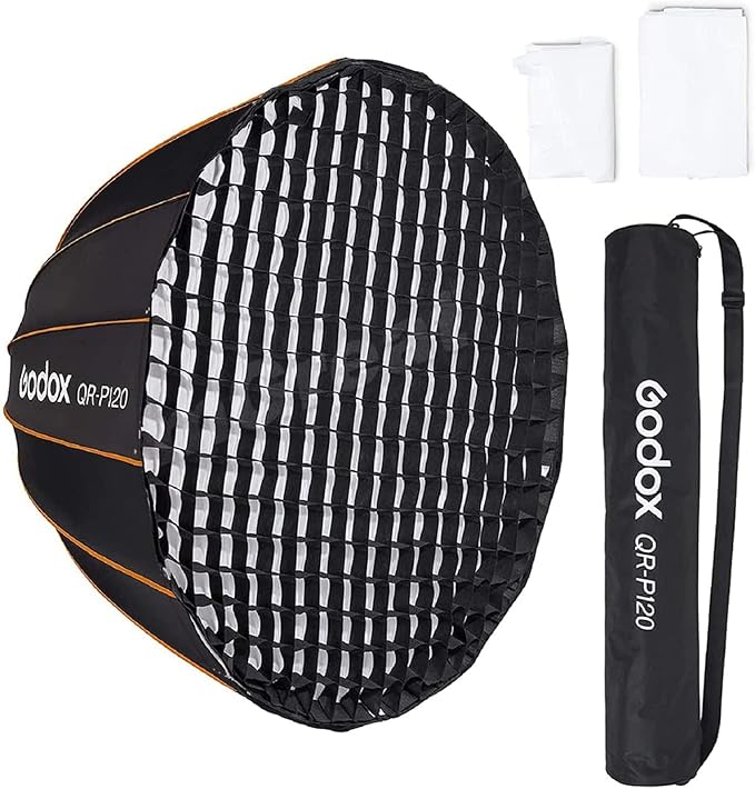 GODOX QR-P120 47.1 Inch/120CM Parabolic Softbox Bowens Mount, Quick Release Parabolic Softbox, with Front & Inner Diffuser for SL-60W AD600BM VL150 UL150 SL150II Amaran 100X 200D 200X w/Grid