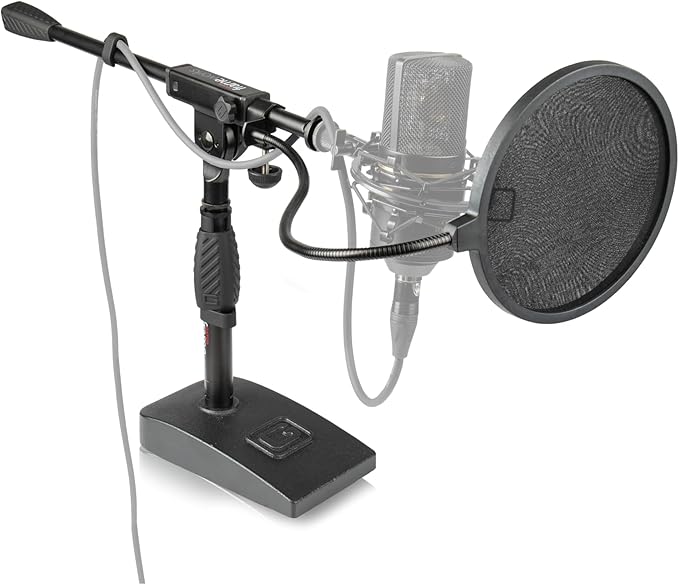 Gator Frameworks Short Weighted Base Microphone Boom Arm Stand with Clamp-On Single Layer Pop Filter (GFW-MIC0821-POP), Black