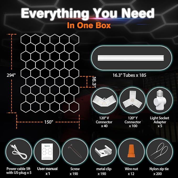 Hexagon Garage Lights: 1295W 185 Pack 50 Grids LED Garage Lights - Easy Install 6500K Super Bright Honeycomb Light for Warehouse, Car Detailing Shop, Exhibition Hall, Gym