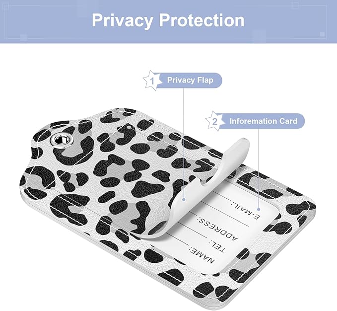 2 Pack PU Leather Luggage Tags for Suitcase, Travel Cruise Luggage Tag with Privacy Flap, Name ID Label and Metal Loop for Women Men Baggage Handbag School Bag Backpack, Leopard Leaves