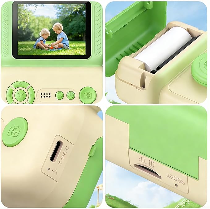 Kids Camera Instant Print, Instant Camera with 4 Roller Photo Paper & 32GB Card, 1080P Dual-Lens Digital Camera for Kids, Boys and Girls Toys Gifts for Teenage Girls Kids Toys for Ages 8-13 (Beige)