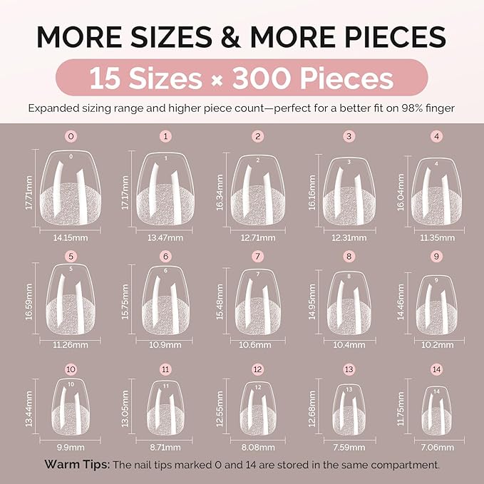 MelodySusie Extra Short Ballerina X Nail Tips - 300Pcs 15 Sizes Clear Acrylic, Half Matte Full Cover Press on Nails for DIY Extension & Salon Use, Pre-Shaped for Long-Lasting Manicure