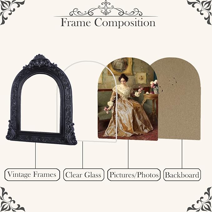 Vintage Picture Frames 5x7 Ornate Black Antique Picture Frames for Wall and Tabletop Vintage Photo Frame Victorian Home Decor Gallery Wall Decor in Arch Shape