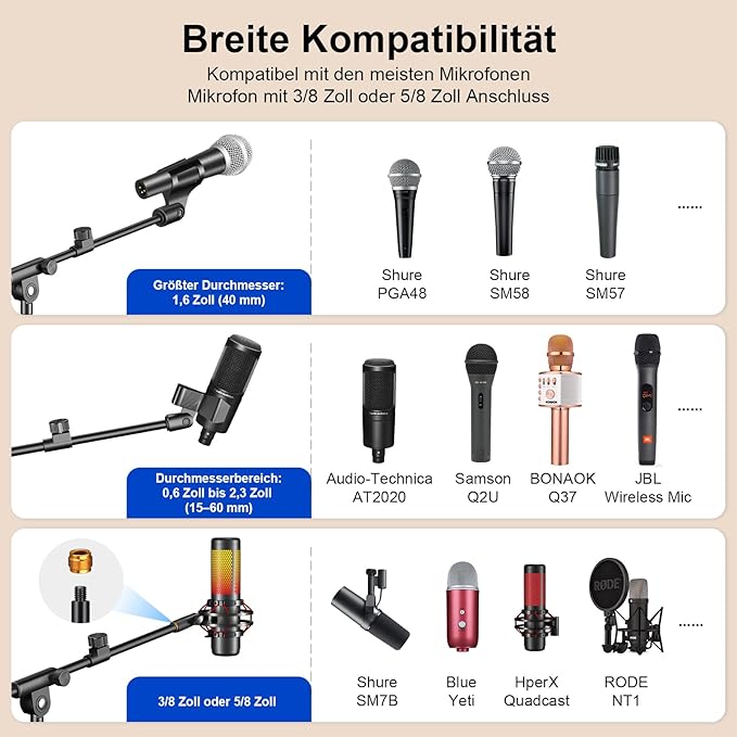 Microphone Stand, Tripod Boom Arm Floor Mic Stand Height Adjustable Heavy Duty with Carrying Bag 2 Mic Clips 3/8" to 5/8" Adapter for Singing Podcast for Blue Yeti Shure SM58 SM48 Samson Q2U