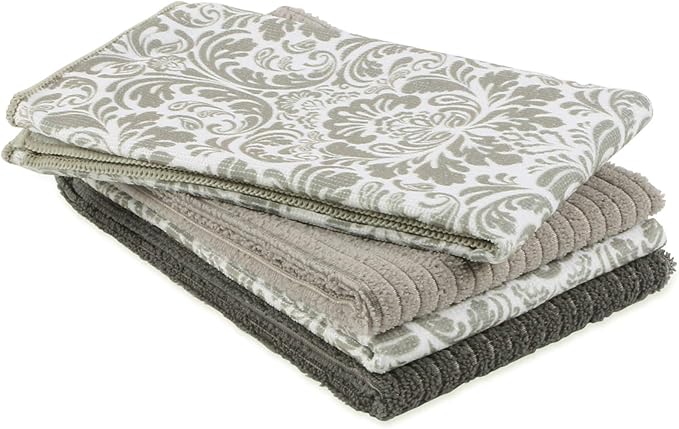 DII Cleaning Collection Multi-Purpose Microfiber, Gray Damask, Dishtowel Set