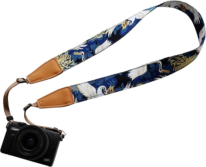 Original Design Personalized Adjustable Camera Strap Chrysanthemum & Crane in Blue, Fit for Canon Nikon Sony Olympus Interchangeable Lens Digital Camera/DSLR etc.