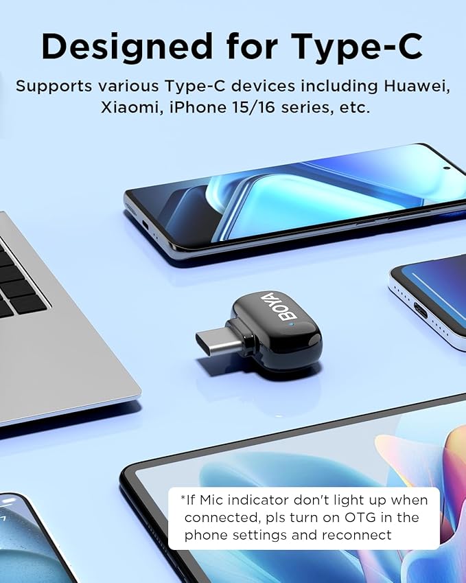 BOYA Mini USB-C Wireless Lavalier Microphone for Andriod iPhone 16/15, Ultra Mini Lapel Mics with AI Voice Switching, Noise Reduction and Charging Case, Metal Clip for TikTok Content Creators