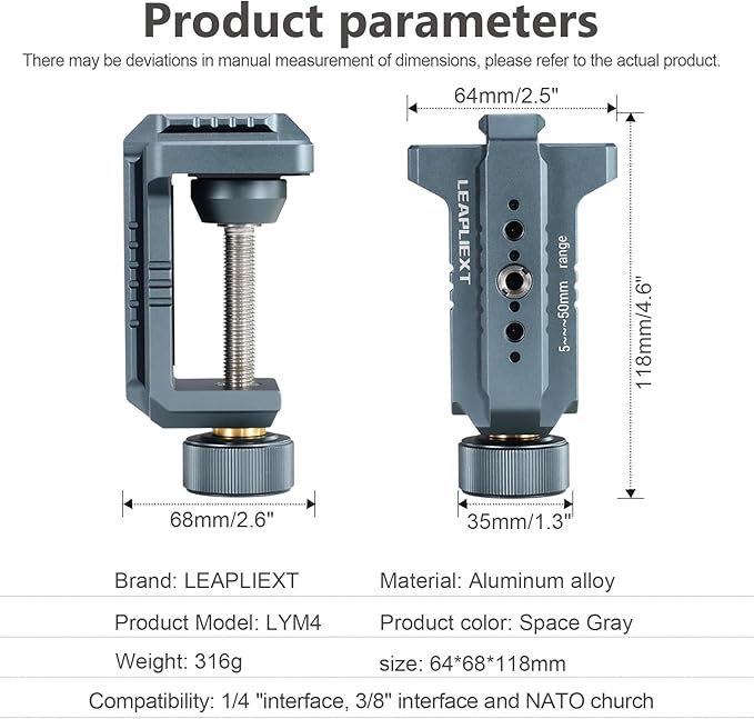 Heavy-Duty Super Clamp for Magic Arm，Aluminum alloy material，1/4"& 3/8"Threads and NATO Rail，Load Capacity: Up to 50 kg / 110 lbs， Desktop or Round Tube Mounting for Tripods and Magic Arms