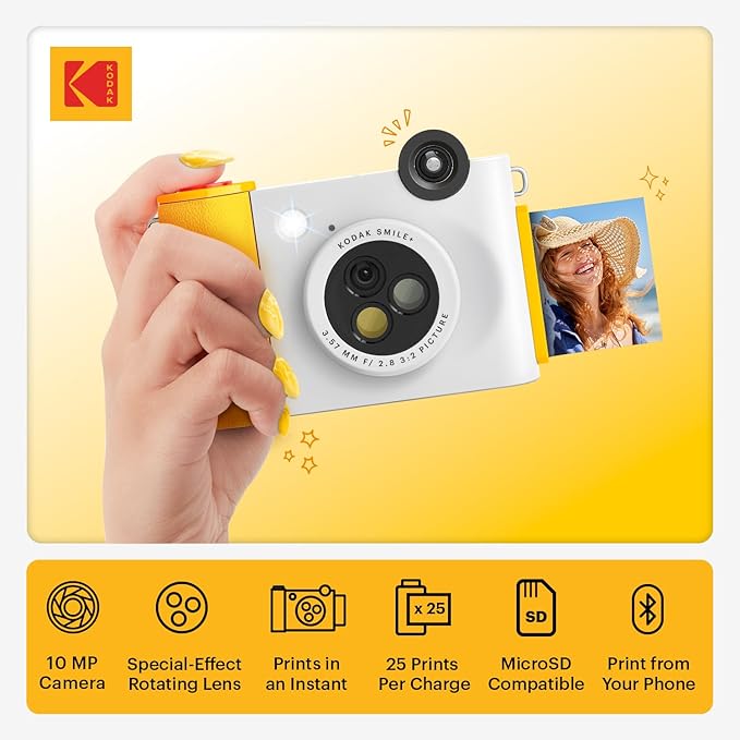 Kodak Smile+ 2-in-1 Digital Instant Print Camera & Wireless Bluetooth Photo Printer - 10MP, Special-Effect Rotating Lens, Zink 2x3” Sticky-Back Photos, Print via Fun App from Smart Devices - White