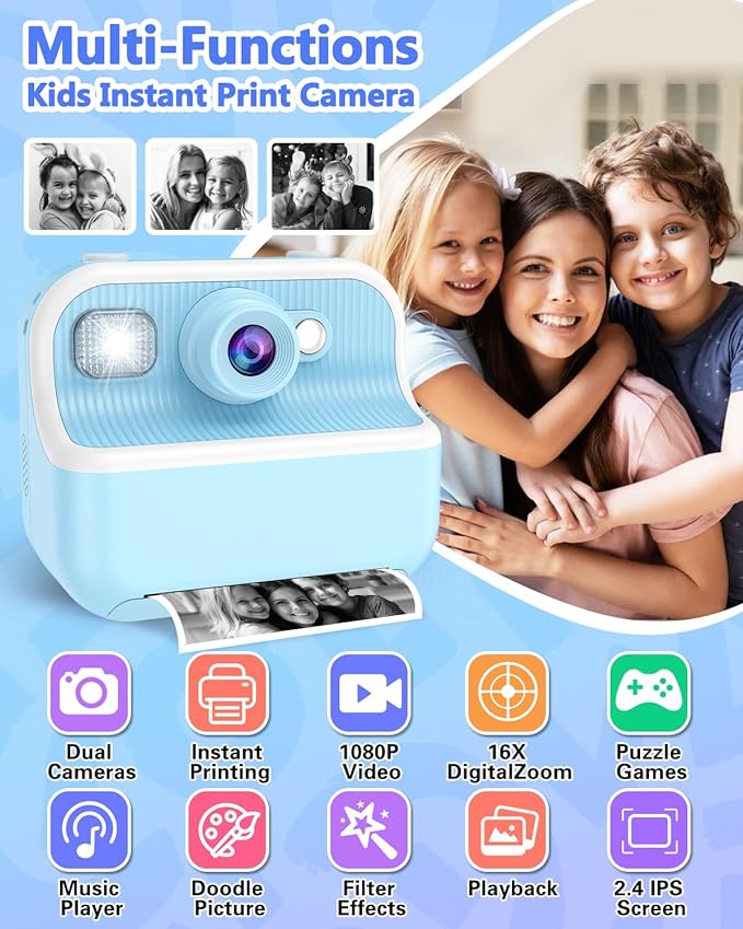 Kids Camera Instant Print, Christmas Birthday Gifts for Kids Age 3-12, HD Camera for Kids with Printing Photo Paper, Portable Toy for 4 5 6 7 8 9 10 Year Old Girl with 32GB SD Card-Blue