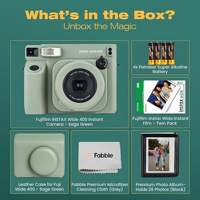 FUJIFILM instax Wide 400 Instant Film Camera Bundle with Instax Wide Film, Sage Green Leather Case, 28-Photo Album, Close-Up Lens, Shoulder Strap, Batteries, and Camera Accessories