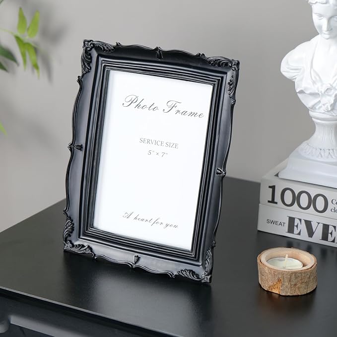 Cuspin Black Vintage Picture Frame 5x7, Gothic Frams Handmade Resin Photo Frame with Carved Texture & Glass Front for Tabletop Display or Wall Hanging, Black Home Decor