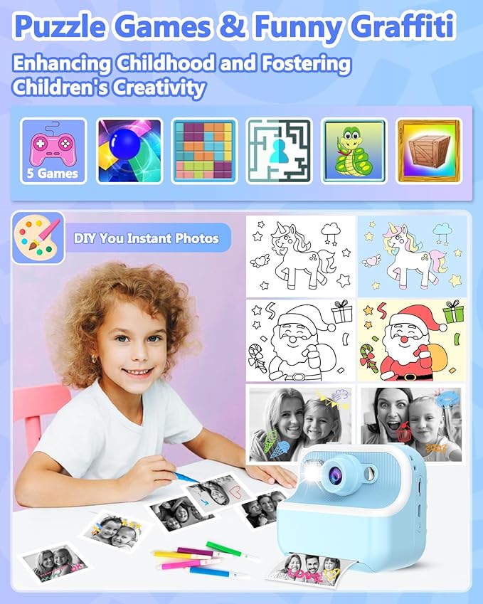 Kids Camera Instant Print, Christmas Birthday Gifts for Kids Age 3-12, HD Camera for Kids with Printing Photo Paper, Portable Toy for 4 5 6 7 8 9 10 Year Old Girl with 32GB SD Card-Blue