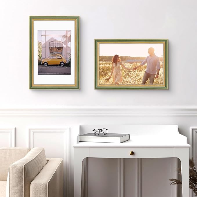 Golden State Art,11x17 Ornate Picture Frame for 9x12 Photo With Mat or 11 x 17 Prints Without Mat, Real Glass Wall Display Horizontally or Vertically (Color:Green Gold)