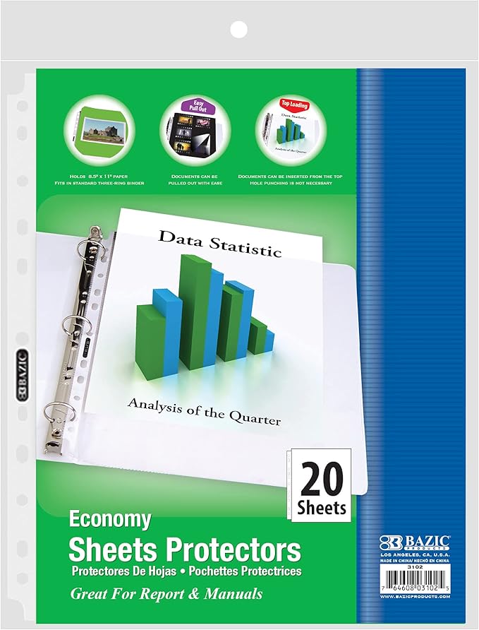 BAZIC Products Sheet Protectors Economy, Fit 8.5x11 Inch Paper, 11 Hole Clear Plastic Sleeves Ring Binder Sheets, Archival Safe (20/Pack), 1-Pack