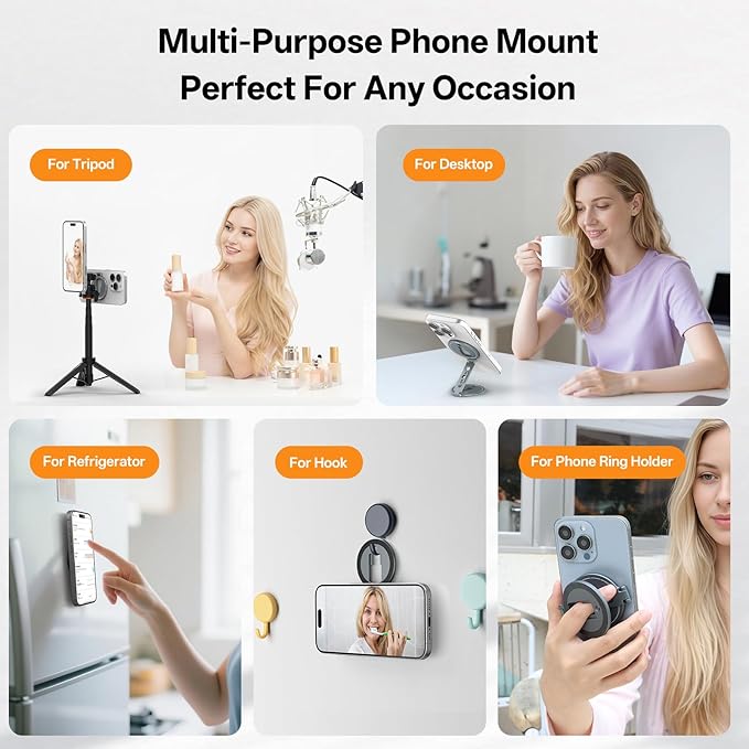 VRIG Dual Magnetic Phone Holder, Ultra Thin Foldable 1/4" Screw Tripod Mount Compatible with Magsafe for iPhone 16 15 14 13 12, Car Dashboard/Gym Magnetic Phone Stand, MG-33