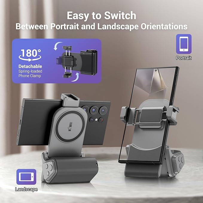 KIWIFOTOS Travel Phone Camera Grip Smartphones Camera Handle with Remote Control & Cold Shoe Mount for iPhone 17 16 Pro Max Samsung S24 S25 Selfie Vlog Video Shooting-Gray