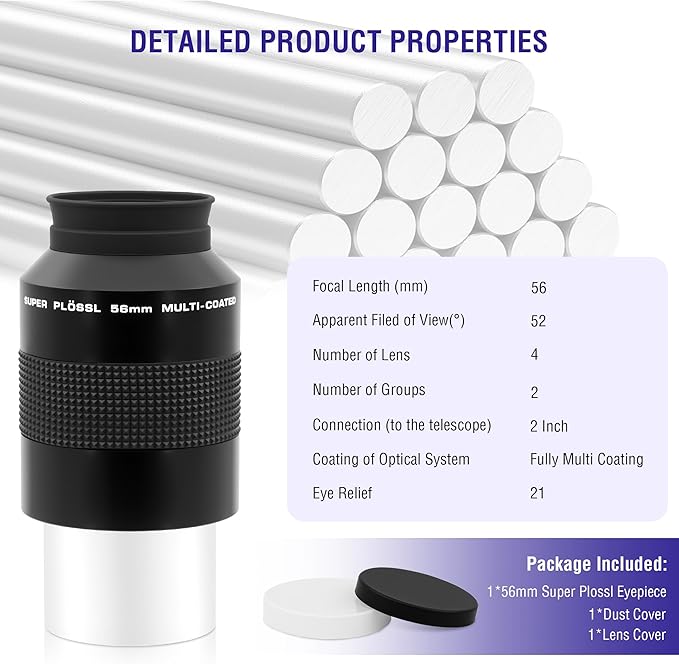 Astromania Super Plossl Eyepiece 2 Inch, Telescope Eyepiece 56mm Fully Multi-Coated Optics, 52 Degree Wide Field 4-Element Design, High Eye Relief for Astronomy Telescope Included 2 Inch Filter Thread
