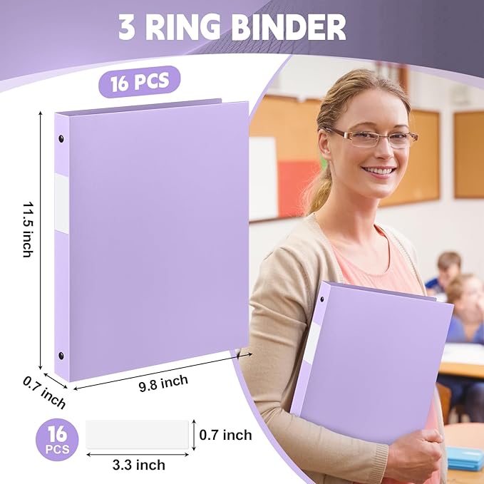 Henoyso 16 Pcs 3 Ring Binder 1/2'' Round Fits Letter Size 8.5'' x 11'' Paper Plastic Flexible Binder Holds 140 Sheets with 1 Pockets Versatile Organizer for Home Office School (Light Purple)