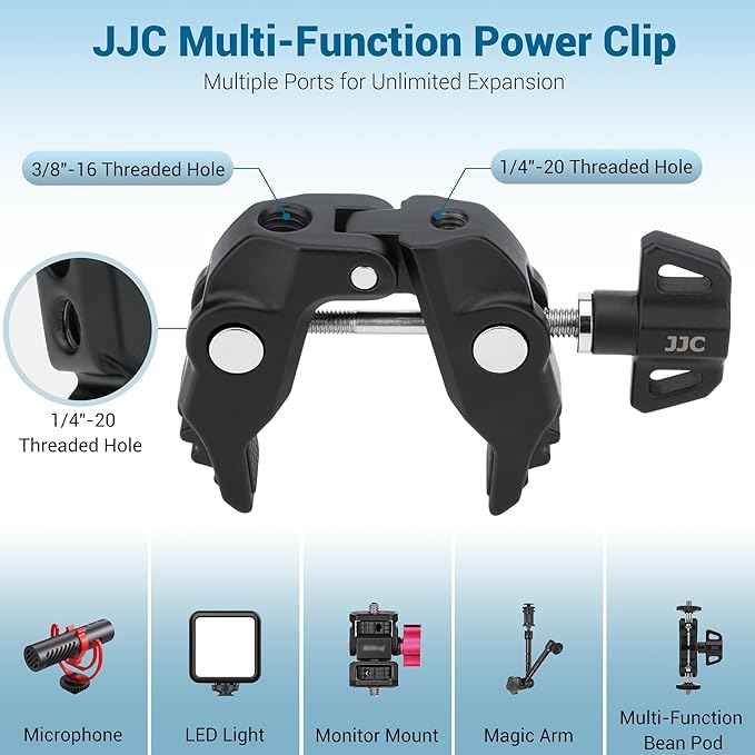 JJC Metal Super Camera Clamp Mount with 1/4"-20 and 3/8"-16 Thread Holes for Camera Clamp on Desk Bracket Handrail Trolley Round Tube for Vlog Shooting Video Recording Live Stream Selfie Photography