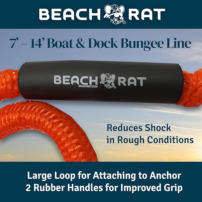 Beach Rat 7-14’ Bungee Boat Anchor & Dock Line with Stainless Steel Clip – Reduces Shock to Anchors, Docks, Cleats & Pylons – Boat Rope That Stretches – Beach Rat Anchor Accessory (Orange)