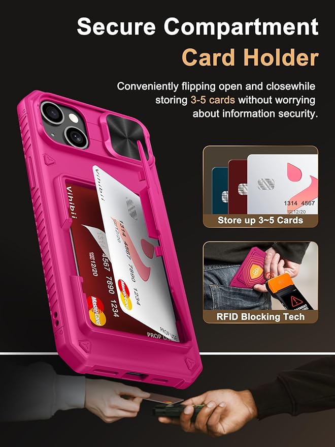 Vihibii for 15 Plus/iPhone 14 Plus Wallet Case with Card Holder (4 Cards), [RFID Blocking] & Slide Camera Cover & Raised Edges Protect Screen, Heavy Duty Case for iPhone 15 Plus/ 14 Plus, Hot Pink