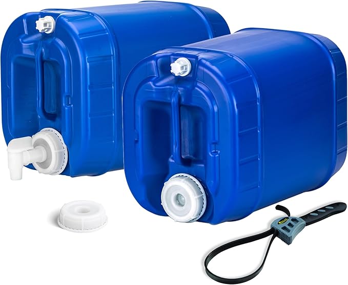 Emergency Water Storage Containers 10 Gallon, Long Term 5 Gallon Water Tank - 2 Stackable Food Grade Tanks Included, for Camping, Prepping, Survival - 10 Gallon Total Capacity