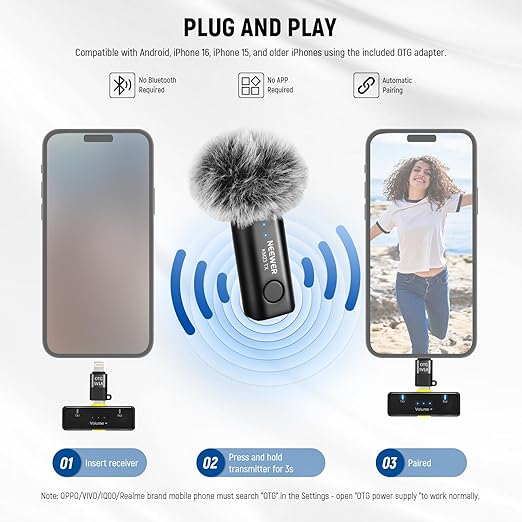 NEEWER Lavalier Wireless Microphone System, 1x USB C Receiver with OTG Adapter & 2X Noise Cancelling Omnidirectional Condenser Transmitter Compatible with iPhone 16 Pro Max S24 Ultra, KM23