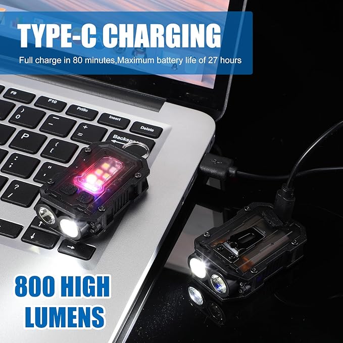 2 Pcs Mini EDC Flashlight Rechargeable Small Keychain Flashlight with White Red Blue Light, 800 High Lumens Pocket USB C LED Cob Portable Flash Lights with Clip and Magnet, 8 Modes