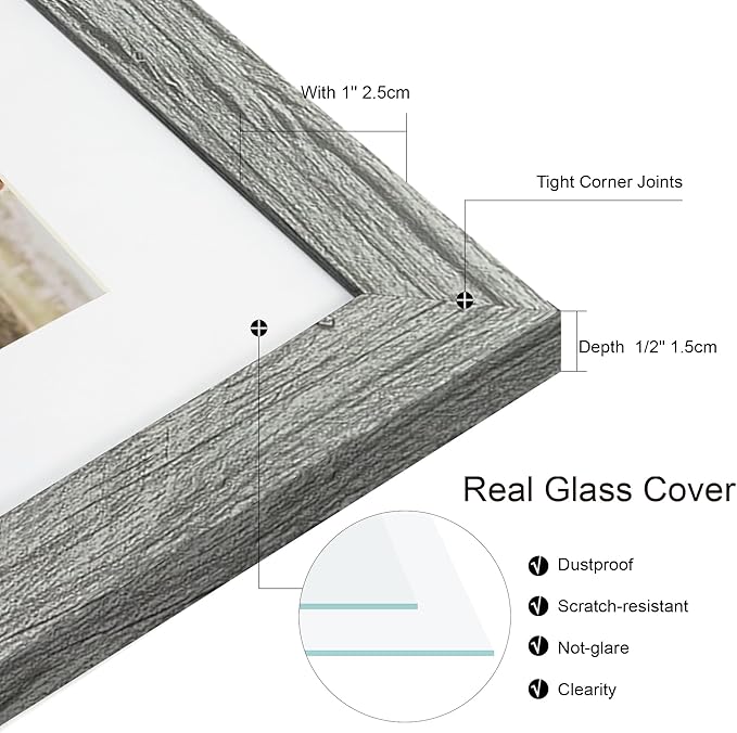 10x14 Picture Frame Set of 4, Made of Glass and Grey Wooden Frame, Display 8x12 Pictures with Mat or 30 x 40cm Diamond Painting Art without Mat for Wall Mounting, Gallery Photo Frames