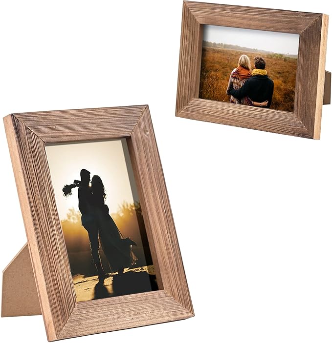 Wooden 5 x 7 Picture Frame Distressed Farmhouse Weathered Rustic Photo Frame Vintage brown Wood Grain & Clear Glass Front Tabletop Display Wall Mounting Wedding Baby Family Portraits Home Office Decor