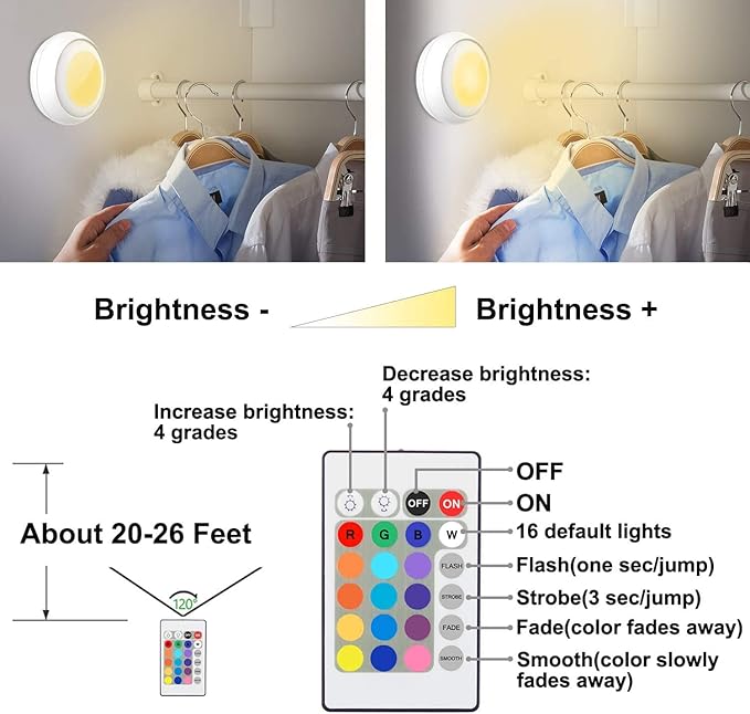 Battery LED Color Puck Lights Stick Up Push Light with Remote 16 Color Changing LED Fairy Light Wireless Tap Dimmable Under Cabinet Nightlight Battery Powered RGB -4Pack