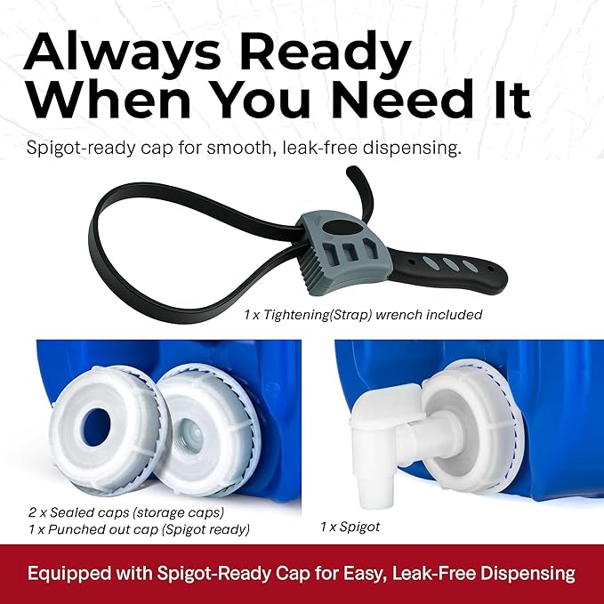 Emergency Water Storage Containers 10 Gallon, Long Term 5 Gallon Water Tank - 2 Stackable Food Grade Tanks Included, for Camping, Prepping, Survival - 10 Gallon Total Capacity