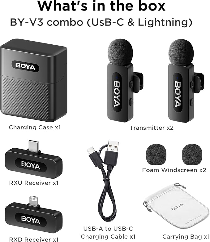 BOYA by-V3 Combo Wireless Microphone for iPhone Android Smartphone,100M Los Range,36H Duration,Noise Cancellation,Plug&Play Lavalier Lapel Mics for Vlogging Interview 2-in-1 Charging Case(2TX+2RX)