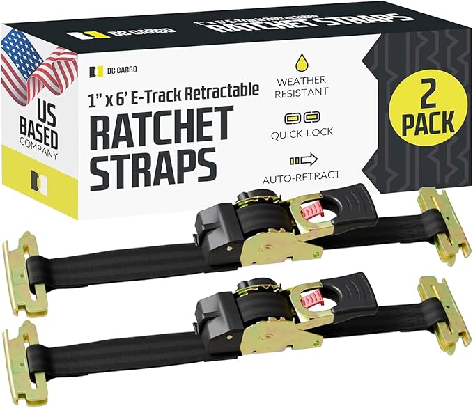 DC Cargo Mall E Track Retractable Ratchet Tie Down Straps Heavy Duty 1,500 lb Break Strength - Trailer E Track Accessories for Secure, Safe Transport 1" x 6' (2 Pack)