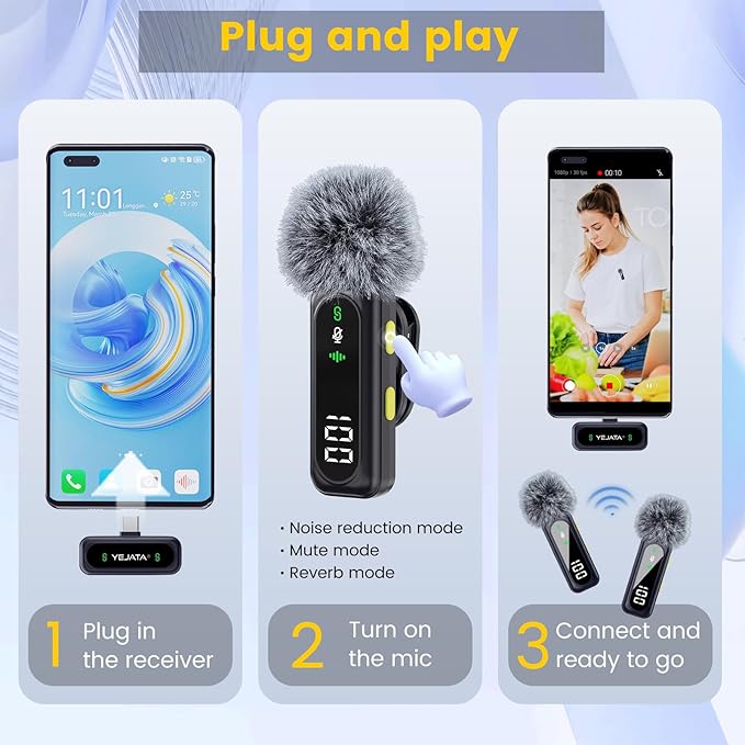 Wireless Lavalier Microphone with Digital Battery Display 360° Omnidirectional Noise Cancelling 100FT Range Rotatable Clip for iPhone 15/16 Android PC iPad Tablet
