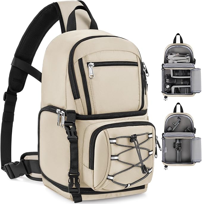 RAINSMORE Camera Bag, DSLR & Mirrorless Camera Sling Bag for Photographers Waterproof Small Camera Crossbody Case with Removable Padded Insert & Tripod Holder for Canon/Nikon/Sony/Fuji, Beige