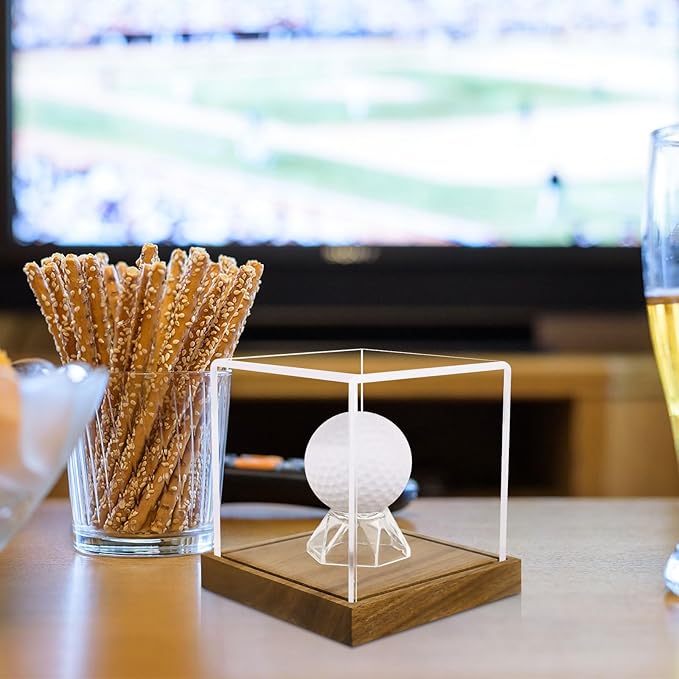 Clear Acrylic Golf Ball Display Case with Wood Base & Acrylic Holder, Memorabilia Stand Cube Holder, Dust Protection Transparent Storage Box for Single Ball Souvenir Golfball Collections