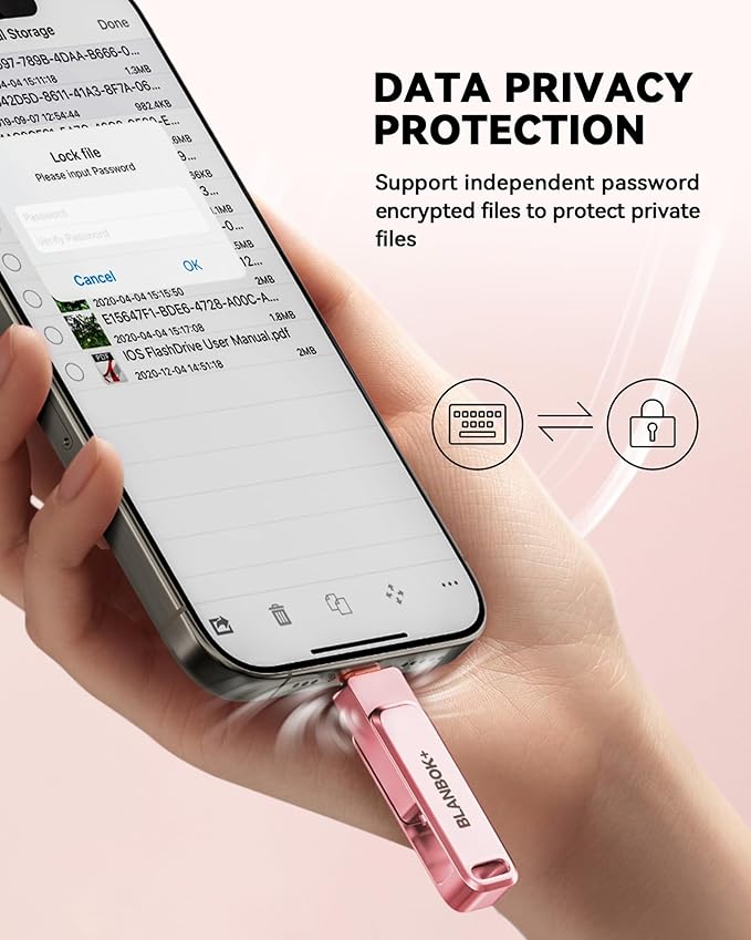 BLANBOK+MFi Certified 512GB iPhone Photo Stick, USB Flash Drive for Photo/Video Backup, High-Speed Thumb Drive Compatible for iPhone/iPad/Android/PC (Pink)